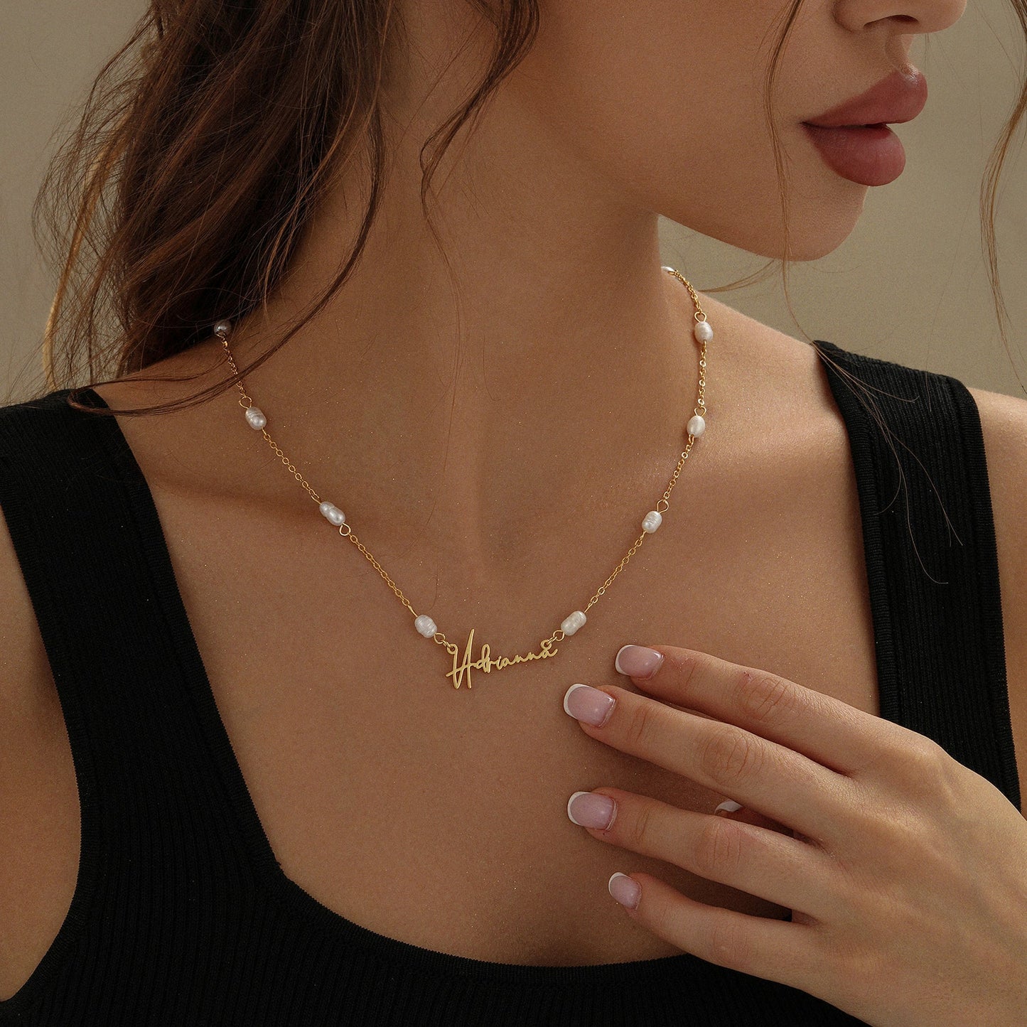 Monique Script Name Necklace w/ Pearl Link Chain