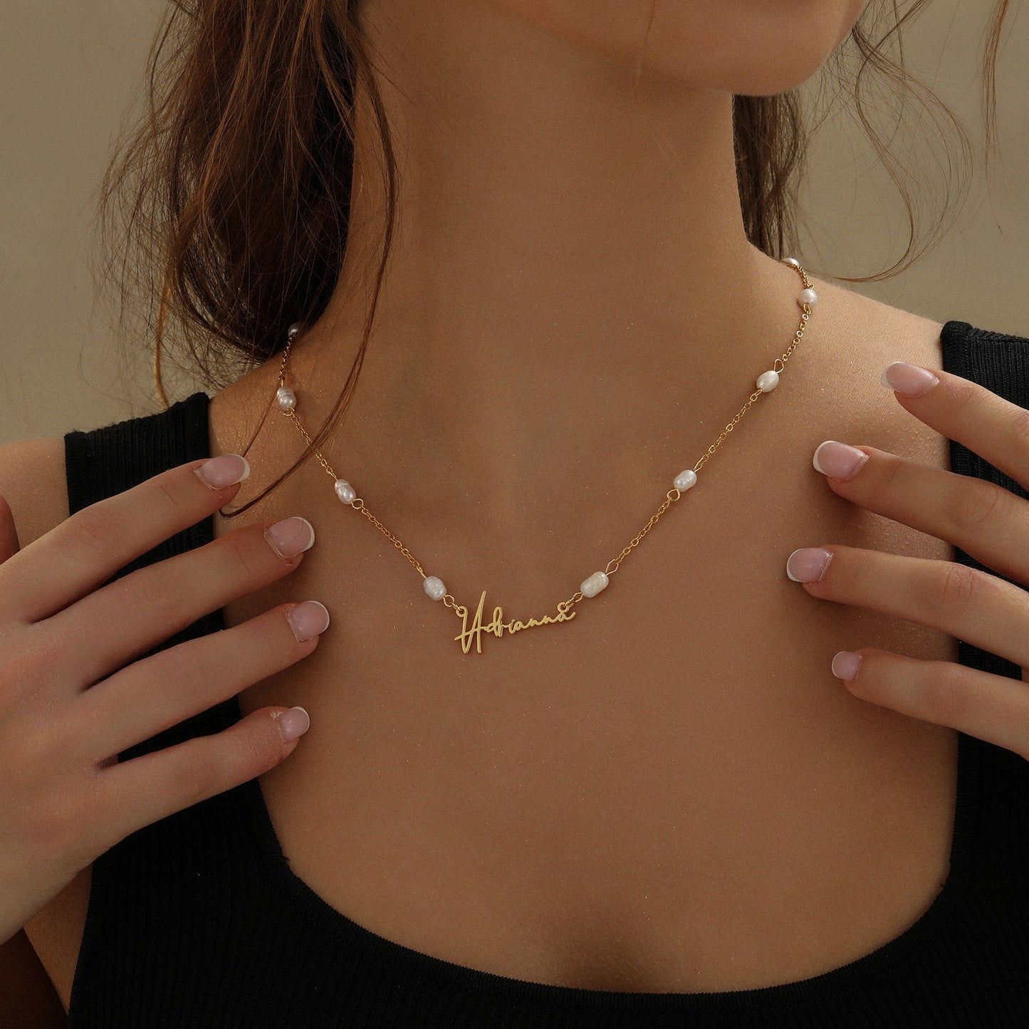 Monique Script Name Necklace w/ Pearl Link Chain