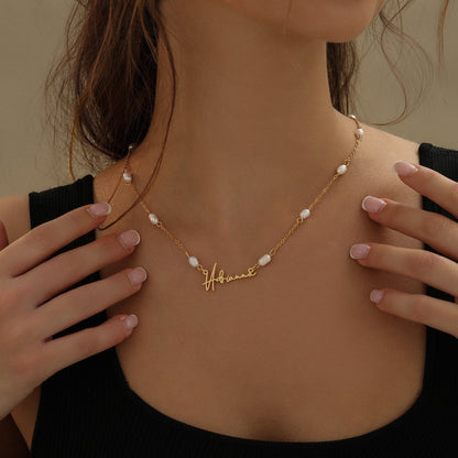 Monique Script Name Necklace w/ Pearl Link Chain