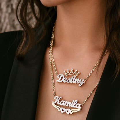 Fiona Double Plated Hearts Name Necklace w/ Figaro Chain