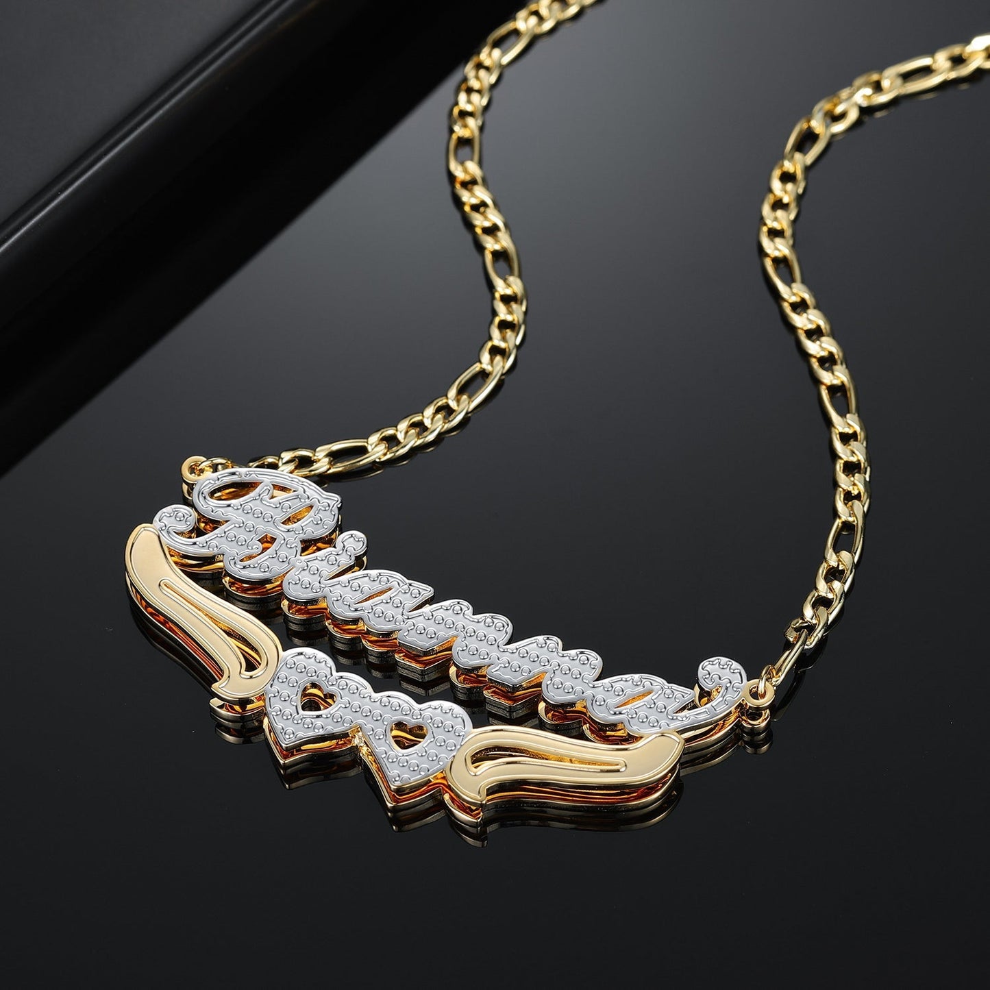 Fiona Double Plated Hearts Name Necklace w/ Figaro Chain