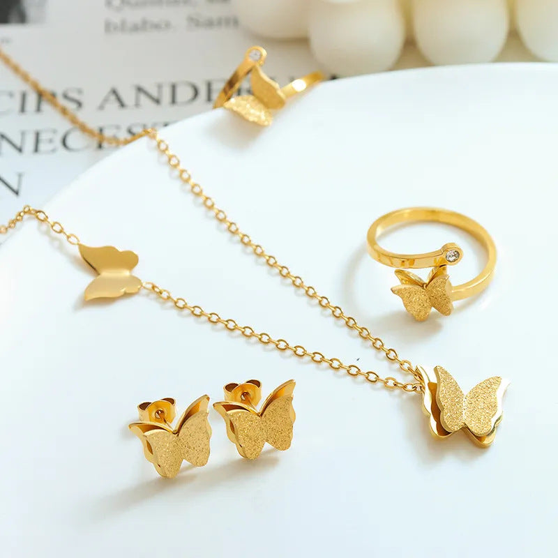 Abigail Frosted Double-layer Butterfly Necklace + Earrings